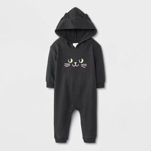 Cat & Jack SZ 12 Months Baby Black‎ Cat Hooded Romper Halloween Costume NWT Cozy